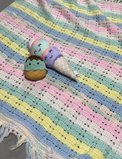 Pastel Crochet Baby Blanket w Ice Cream Plush Set Handmade Throw Gift