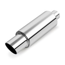 2" Exhaust Muffler, 2 inch Inlet Universal 2 Intlet 3 outlet Silver Angle Cut