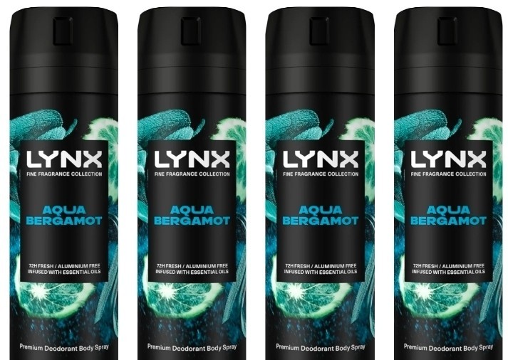 Lynx Fine Fragrance Aqua Bergamot Body Spray 150ml 4 Pack Mens Deodorant