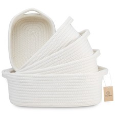 5-Piece Rectangle Storage Basket Set- Natural Cotton Rope Woven for Organizin...