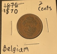 1870 Belgium 2 Centimes Copper Coin