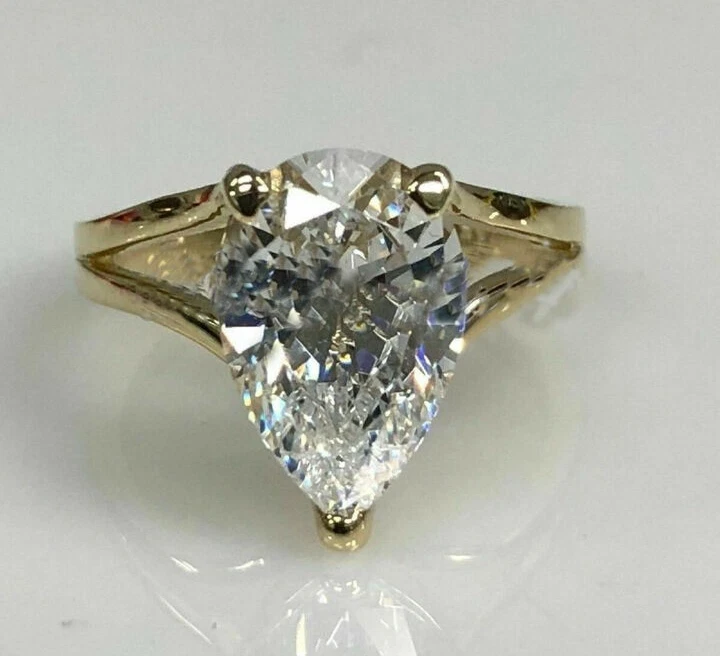 Solid 14K Yellow Gold Moissanite Split Shank Engagement Ring 3 CT Pear Cut VVS1 - Image 2 of 4