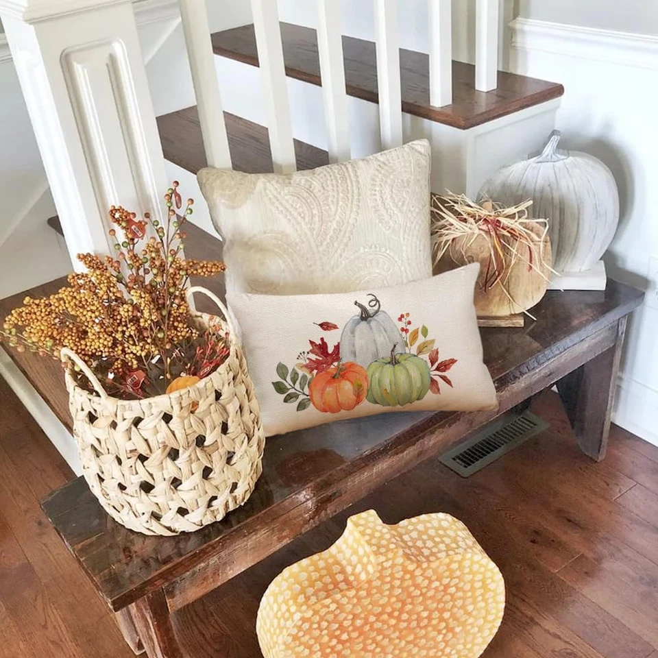 Fall Pumpkin Pillow Covers 12X20 Inch,Autumn Maple Leaf Thanksgiving Lumbar Cush - Image 2 of 4