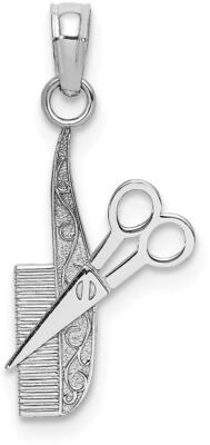 14K Weißgold strukturierter Friseur Kamm & Schere Anhänger