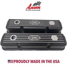 Ford FE 390 Short Valve Covers Black "POWERED BY 390 CUBIC INCHES" - Style 2