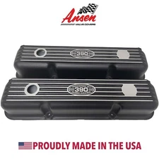 Ford FE 390 Short Valve Covers Black "POWERED BY 390 CUBIC INCHES" - Style 2