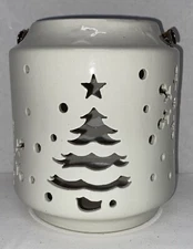 White Ceramic 7” Christmas Holiday Candle Luminary Lantern Tree Snowflake Cutout