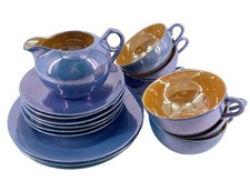 Vtg Lusterware Blue Orange Gold Tea Cup Set Tashiro Shoten Art Deco Japan 16 Pc