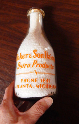 Baker & Son Dairy Pyroglazed Quart Milk Bottle - Atlanta, Michigan Mich. Mi.