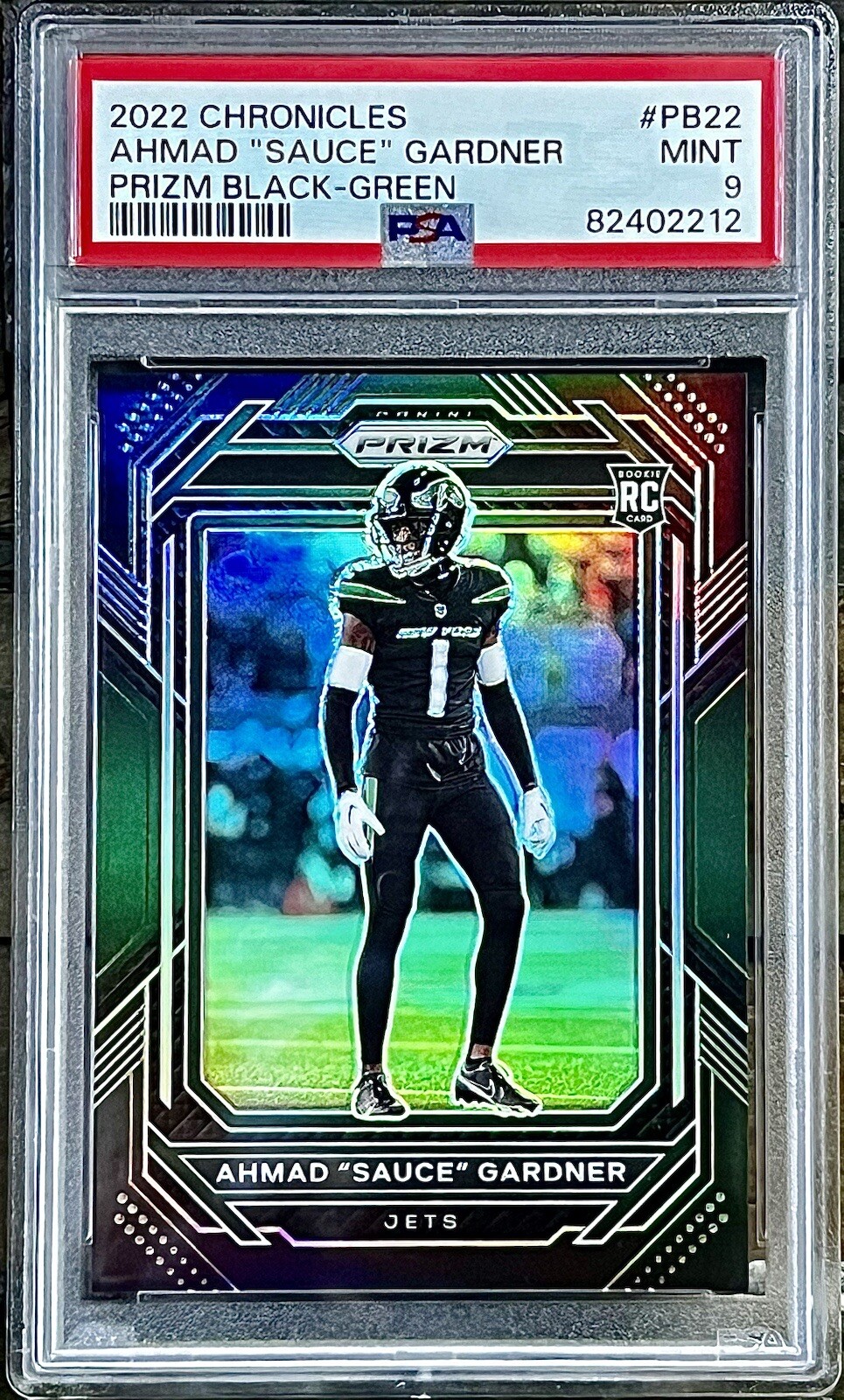 2022 Chronicles Prizm Black #PB-22 GREEN /49 Ahmad “Sauce” Gardner RC PSA 9 Mint