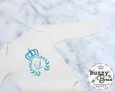 PERSONALISED INITIAL CROWN BABY VEST BABYGROW BLUE GLITTER LONG SLEEVE NAME GIFT