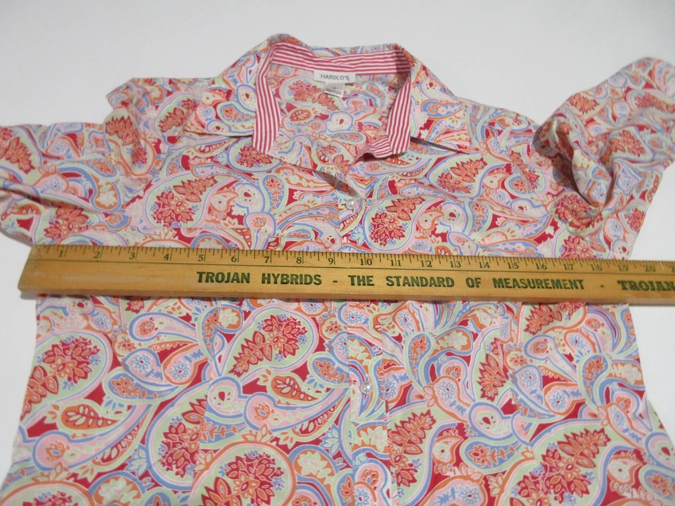 Sz 10 Harold's Paisley Blouse Pearl Button FLIP 3/4 SLEEVE Red Orange Top Cotton - Image 2 of 4