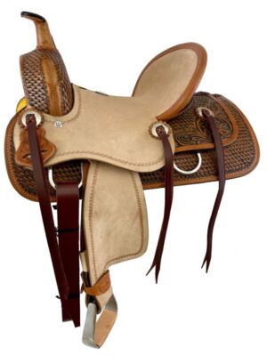 12'' Double T hard seat roping style saddle with combo basket/ floral tooling
