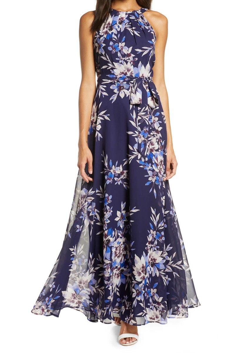 Eliza J Womens Floral Pleated Maxi Dress Navy 6