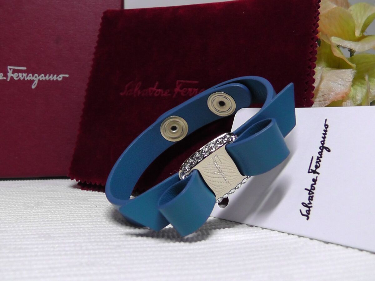 Salvatore Ferragamo SKY/TEAL Leather Embellished Vara Bow Salvatore Ferragamo SKY/TEAL Leather Embellished Vara Bow
