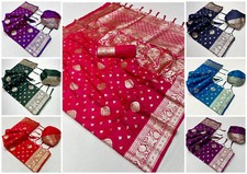 Indian Banarasi Silk Saree Traditional Zari Work Border Festive Wedding Wear
