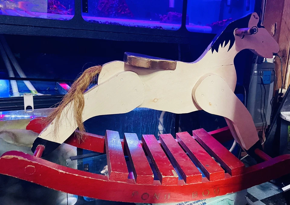 Antique Rocking Horse “Pony Boy” Wooden w/ Twine Tail Red & White w/ Blue Eyes - Image 2 of 4