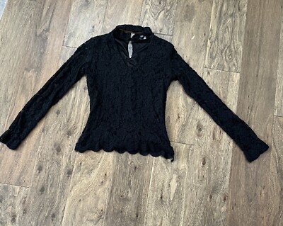 Ambiance Black Lace Long sleeve V Neck Choker Blouse Ruffle  Size Small