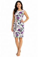 Talbots Womens White Purple Floral Cotton Stretch Sleeveless Sheath Dress sz 4