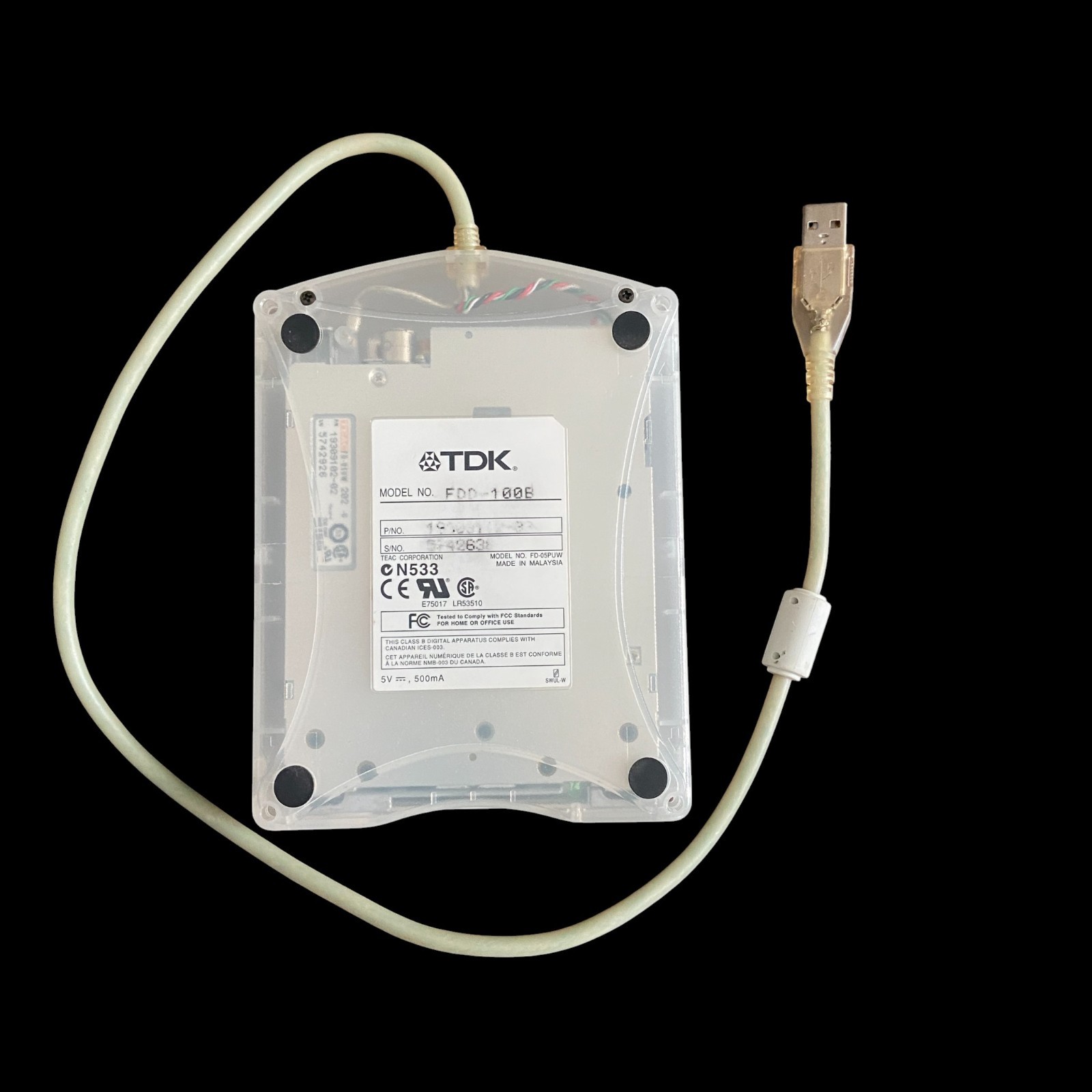 TDK External USB 3.5" Floppy Disk Drive Clear - Model No. FDD-100B