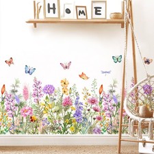 Floral Plants Grass Wall Stickers Colorful Butterfly Flower Wall Decals Wildf...