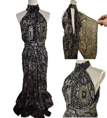 Badgley Mischka Prom Dress 10 Maxi Gown Silk Snake Print Mock Neck Pleated Flowy