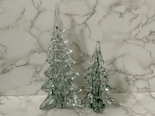 VTG Lot of 2 Hand Made Crystal Art Glass Christmas Trees Clear Green 10" & 6.5"