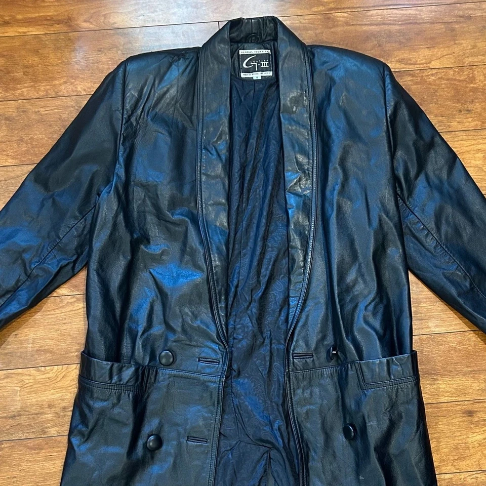 Gabardina de cuero vintage G-III negra chaqueta larga identidad global Corea S Foto 3 de 4