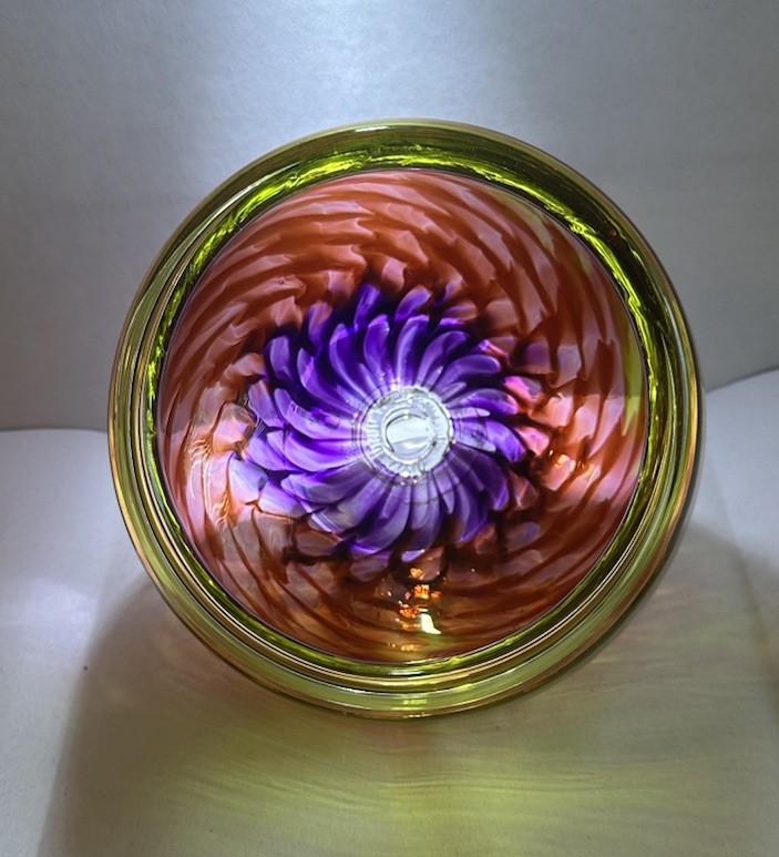 Tacoma Glassblowing Studio Handblown Lotus Flower Swirl Art Glass 4” Footed Bowl