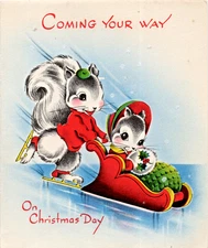 Vintage Christmas Card, Two Squirrels Sledding and Ice Skates, NORCROSS