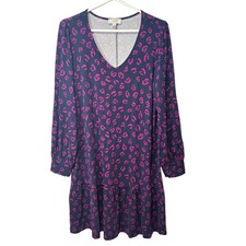 LOFT Long Sleeve Knee Length Swing Dress Medium Navy Pink Animal Print Ruffle
