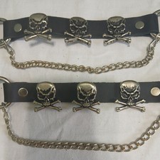 Mens /Women Metal Boot Chains  Black Straps with Skull Heads Biker Pair of Two