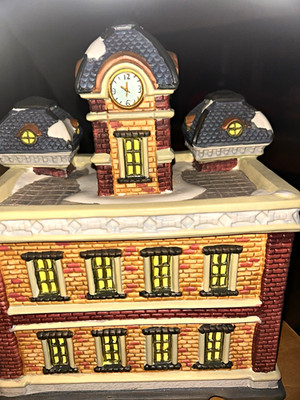 Christmas Village City Hall House Building Illuminated Hand Painted Ceramic