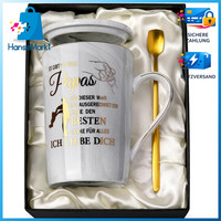 Becher 400Ml Grau Marmor Gold Druck Mit Deckel LöFfel Geschenk FüR Damen