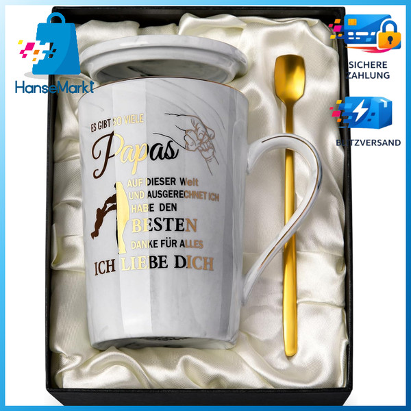 Becher 400Ml Grau Marmor Gold Druck Mit Deckel LöFfel Geschenk FüR Damen-image