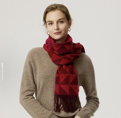 Women's Red & Black Geometric Knit Wool Rectangle Scarf with Fringe