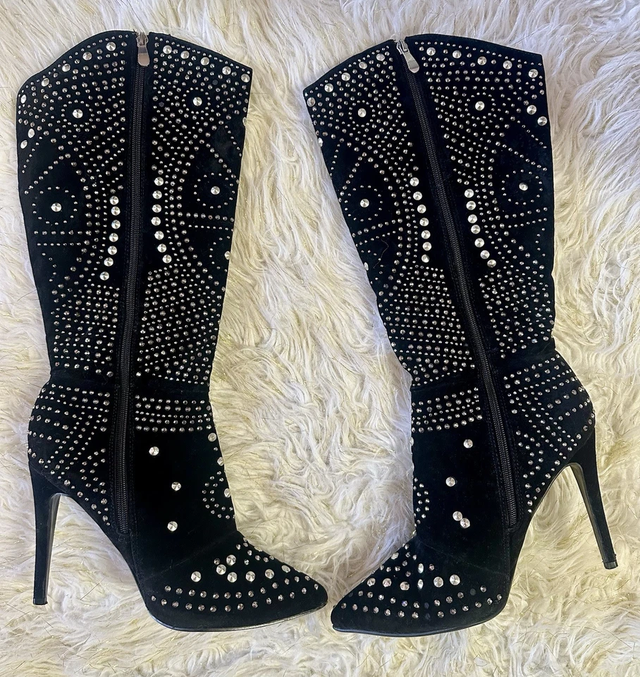 Olivia Miller Black Suede Studded Embellished Knee High Boots Women’s Size 11 - Image 2 of 4