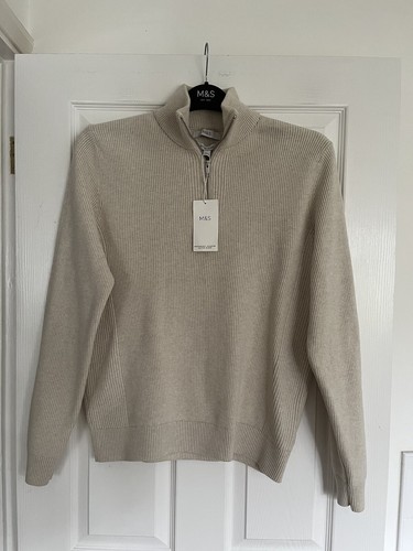 MARKS & SPENCER MENS ECRU BEIGE 1/4 ZIP JUMPER Size L Bnwt