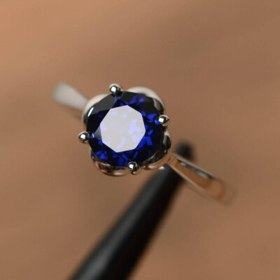 2 CT Round Cut Blue Lab Created Solitaire Engagement Ring 14K White Gold Finish