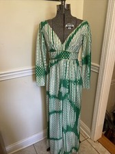 Vtg Lillie Rubin maxi long sleeve V neckline gold green Geometrical dress
