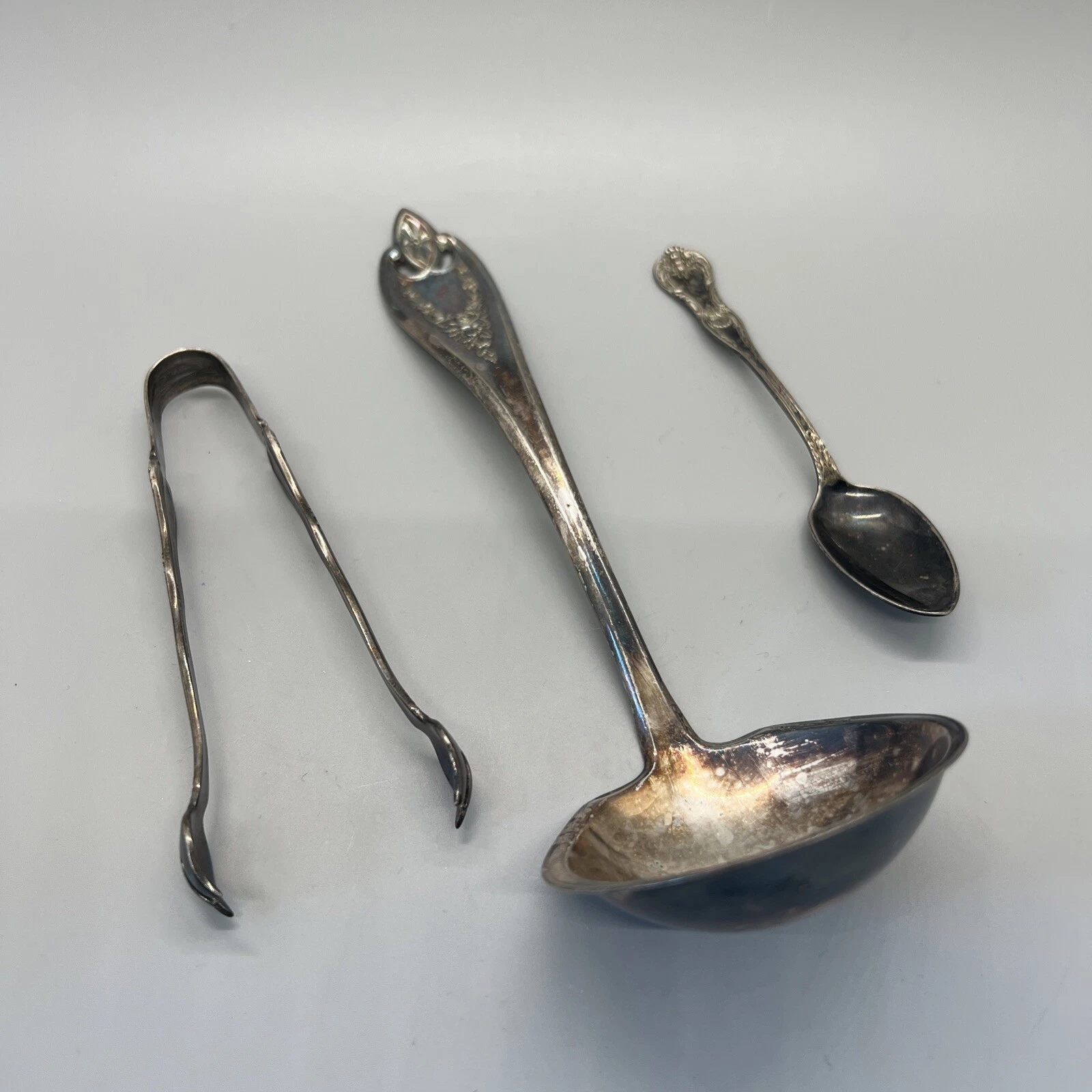 Roger Sterling Silver Plate Ladle Spoon 1847 XS triple 7” 4” Tong 4.5” Lot