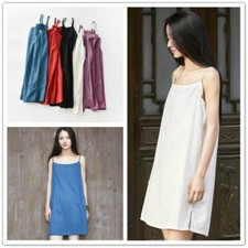 Women Cotton Linen Slip Dress Strappy Sleeveless Petticoat Midi Retro Plain Tee