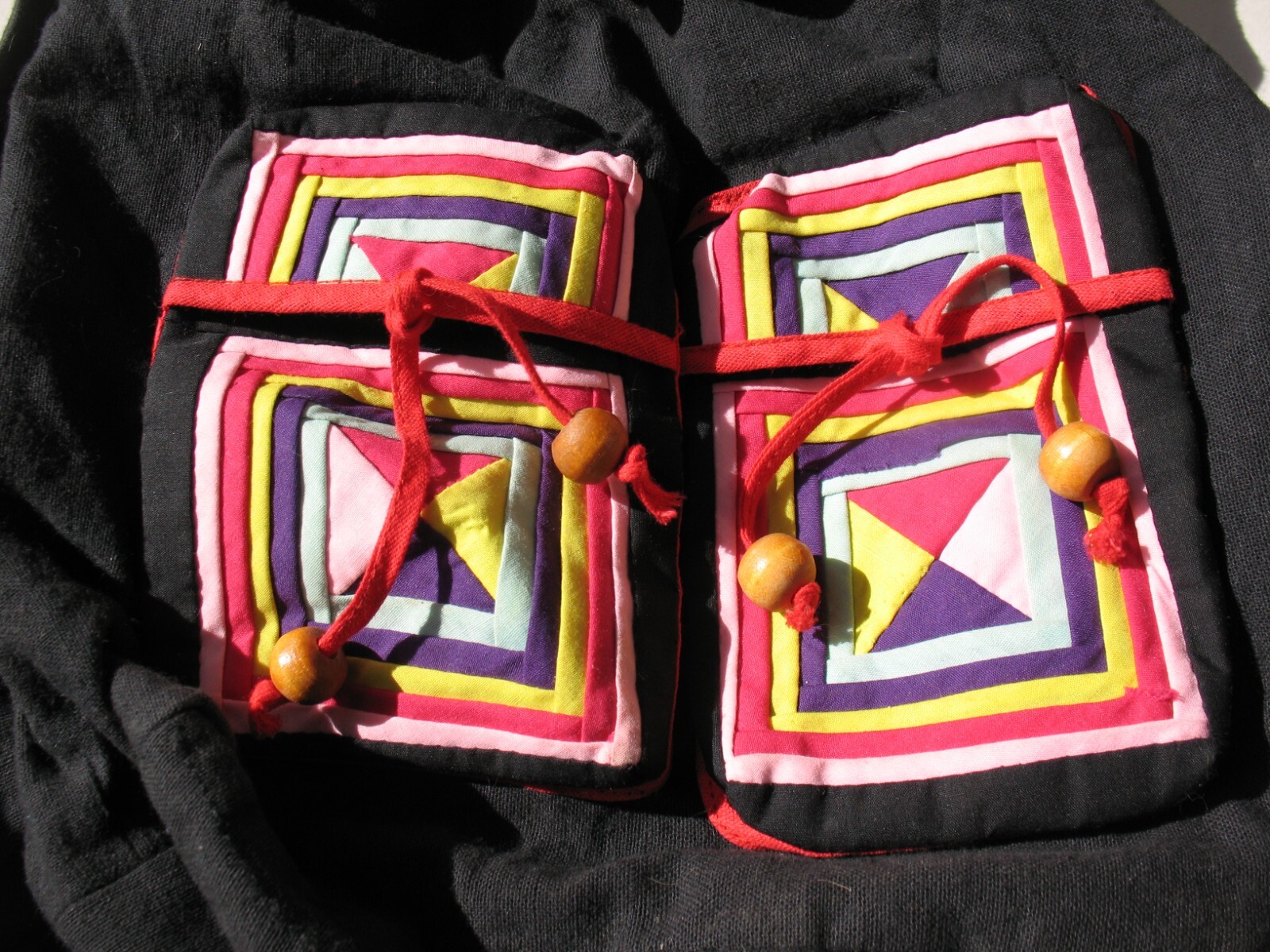 Drawstring Backpack Quilted Patchwork Black with … - image 2