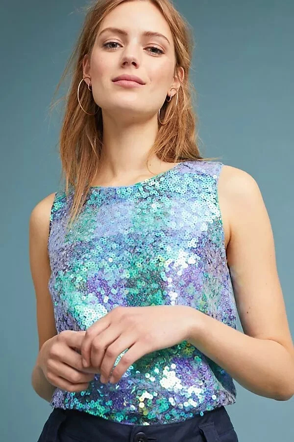 MAEVE by Anthropologie Amatheia Sequined Check Sleeveless Women's Top Size 10 - Image 3 of 4