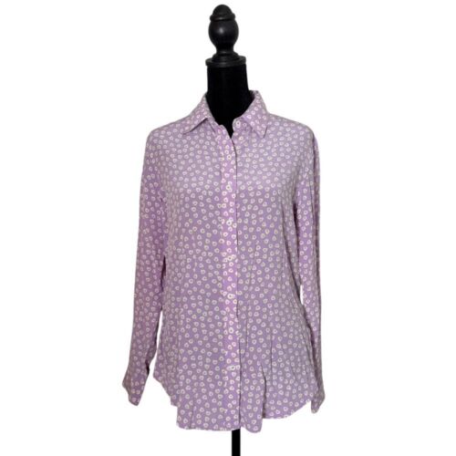 J McLaughlin 100% Silk Blouse Button Up Womens S Purple Abstract Print Preppy