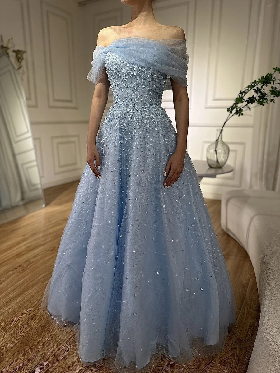 women's light blue off the shoulder dress for winter ball Spakrly Off the Shoulder Light Blue Prom Dresses with Long Sleeves AB21002