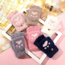 Flip open finger gloves for women in winter cute cartoon half finger knitted yar