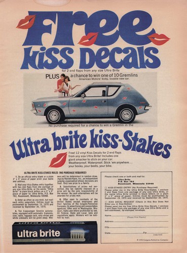 1970 Vintage Print Ad Free Kiss Decals Ultra brite kiss-Stakes Ultra brite Tooth - Picture 2 of 2