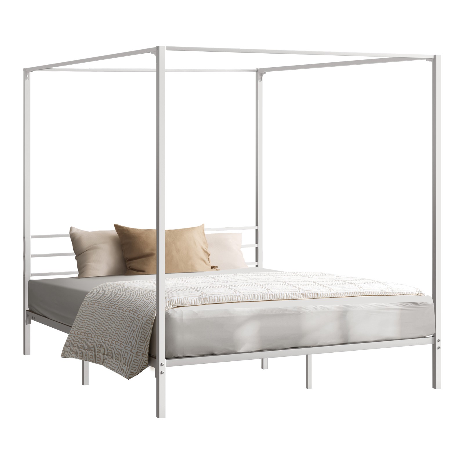 Oikiture Metal Canopy Bed Frame Double Size Beds Platform White — image 9