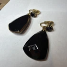 Vintage Miriam Haskell Black Glass Teardrop Dangle Clip-On Earrings Gold ToneF26